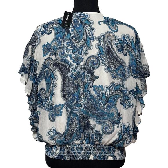 EXPRESS Women’s Blue Paisley Wrap Front Ruffle Top, SZ M - Picture 2 of 6